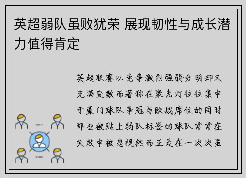英超弱队虽败犹荣 展现韧性与成长潜力值得肯定