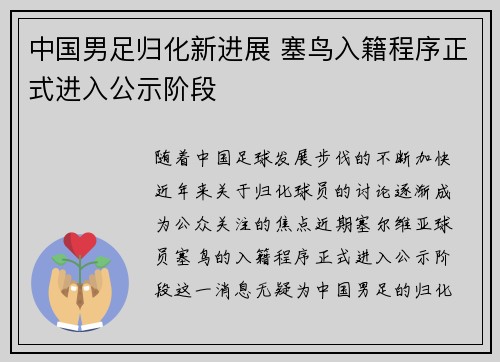 中国男足归化新进展 塞鸟入籍程序正式进入公示阶段 中国男足归化新进展 塞鸟入籍程序正式进入公示阶段